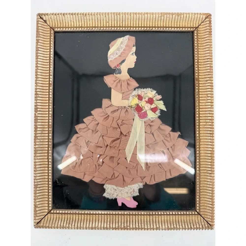 Vintage Ribbon Art‎ Southern Belle Lady Wall Decor Framed Fabric Picture